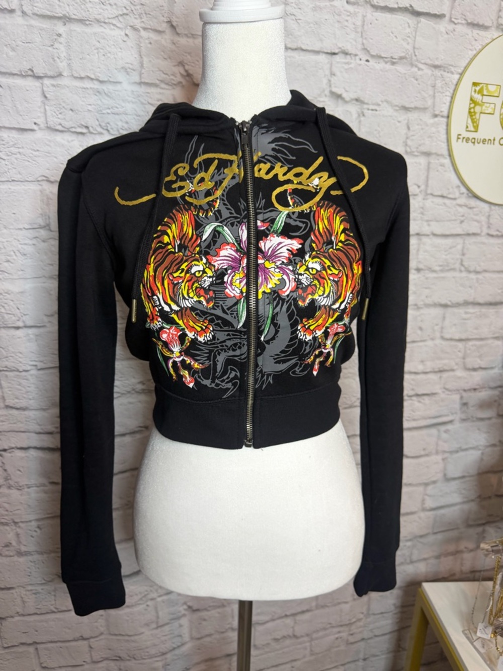Ed Hardy Black Cropped Bomber Jacket with Twin Tiger Floral Graphic